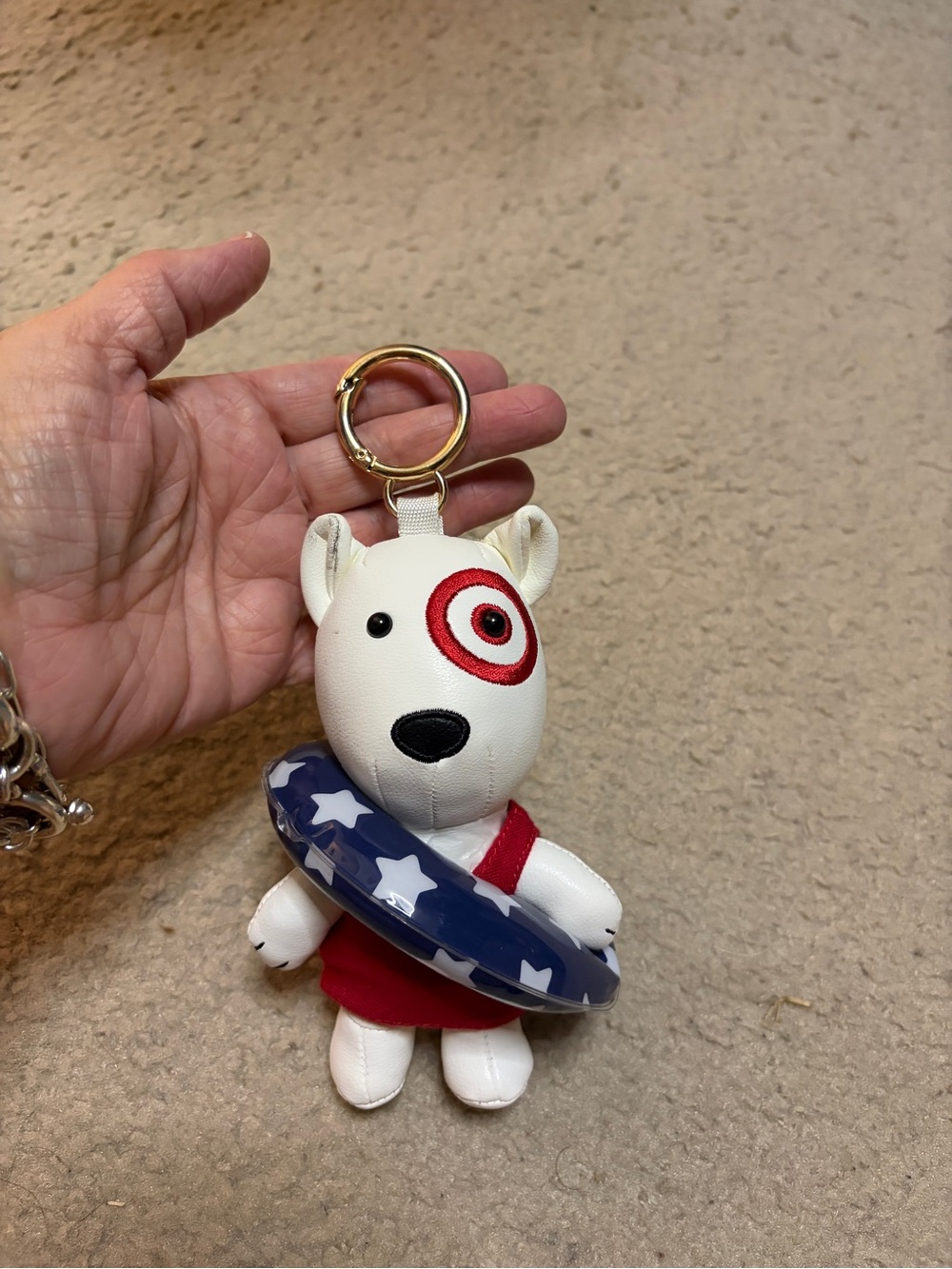 Target Bullseye Dog Keychain / Bag charm White with Red and Blue Stars .